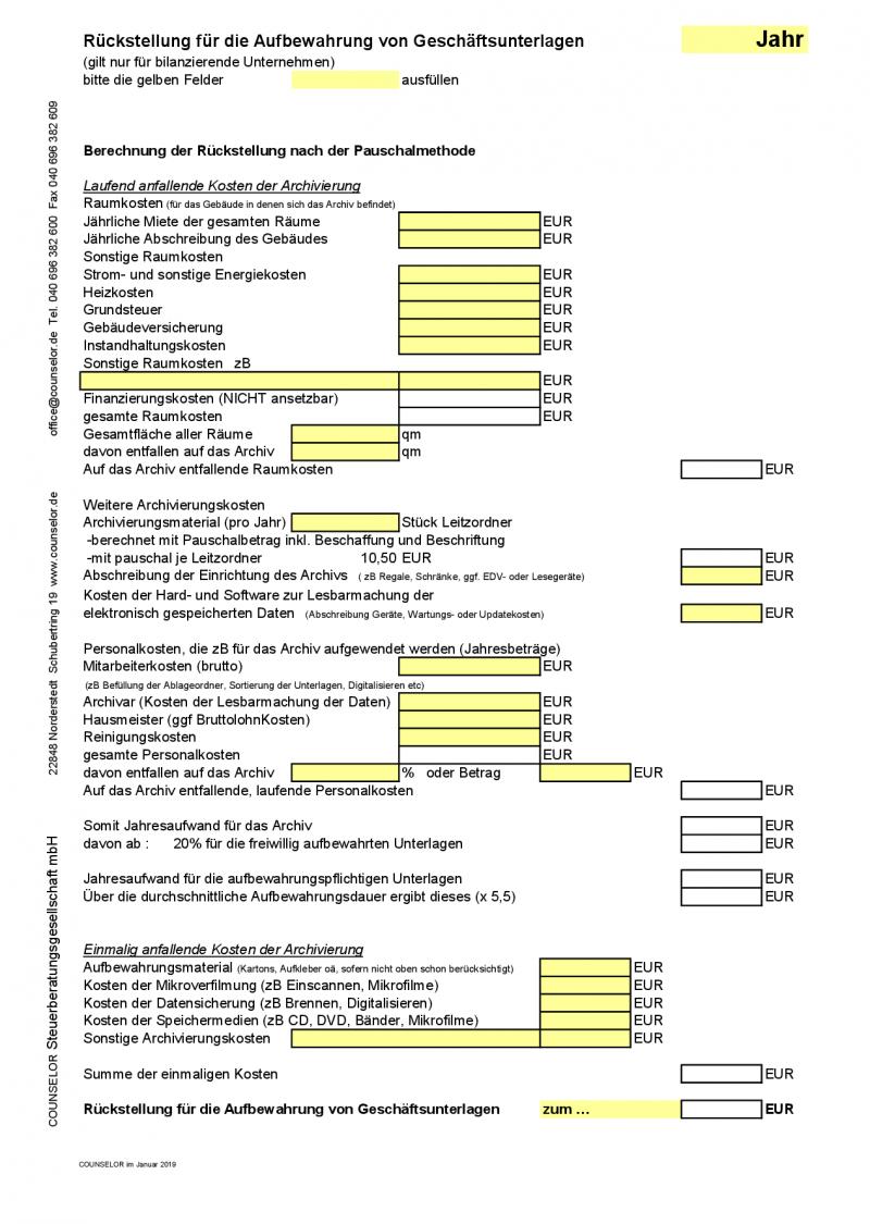 Aufbewahrungskosten-Rückstellung Formula