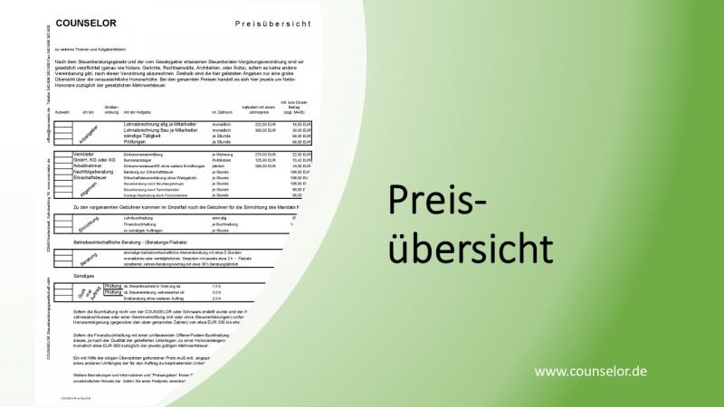 Preisübersicht Steuerberatung Deckblatt